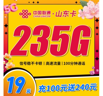 联通山东卡19元235G+100分钟