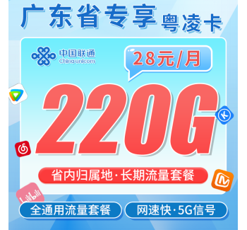 联通粤凌卡28元220G+长期套餐+广东省专属！