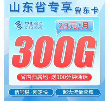 移动鲁东卡29元300G+100分钟+山东专属！