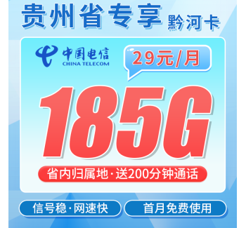 电信黔河卡29元185G+200分钟+贵州专属！