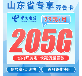 电信齐鲁卡29元205G全国流量+长期套餐+山东专属！