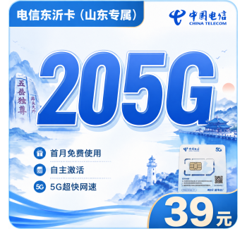电信东沂卡39元205G全国流量+长期套餐+山东专属！