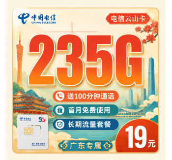 电信云山卡19元235G+100分钟+广东省专属！