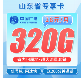 广电山东卡28元320G+200分钟+山东专属！