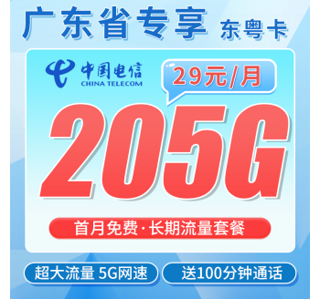 电信东粤卡29元205G全国流量+100分钟+广东专属！