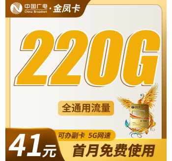 广电金风卡41元220G通用流量+可办副卡+可发全国！
