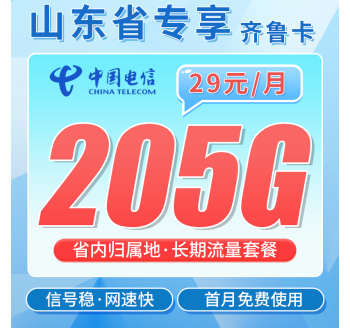 电信齐鲁卡29元205G全国流量+长期套餐+山东专属！