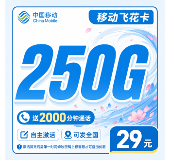 移动飞花卡29元250G+2000分钟+可发全国！