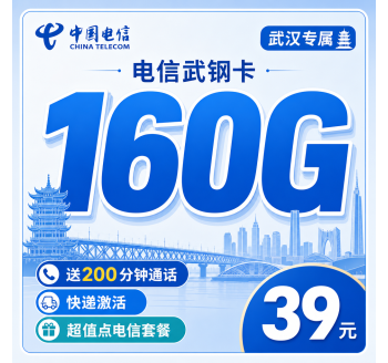 电信武钢卡39元160G+200分钟+武汉专属！