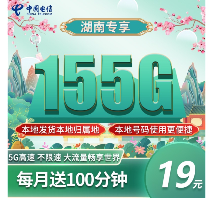 电信湘遇卡19元155G+100分钟