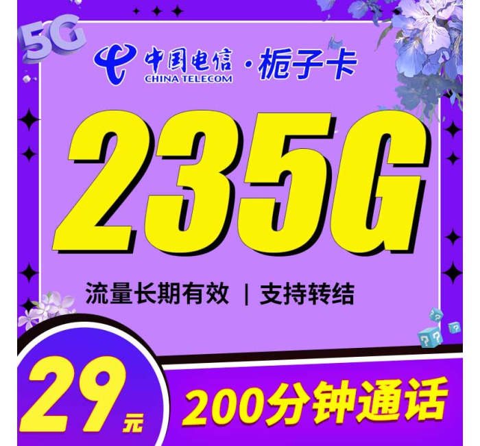 电信栀子卡29元235G+200分钟