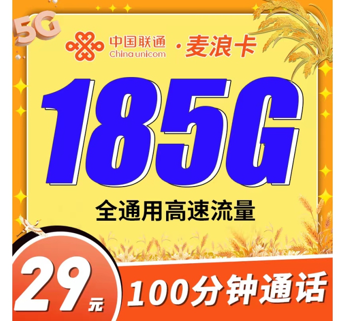 联通麦浪卡29元185G+100分钟