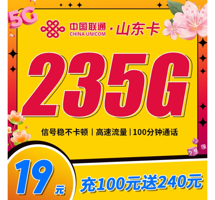 联通山东卡19元235G+100分钟