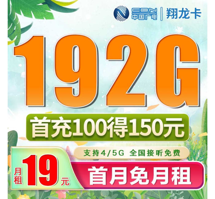 广电翔龙卡19元192G通用流量（流量支持结转）