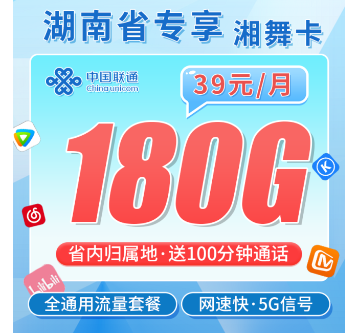 联通湘舞卡39元180G+100分钟+湖南省专属！