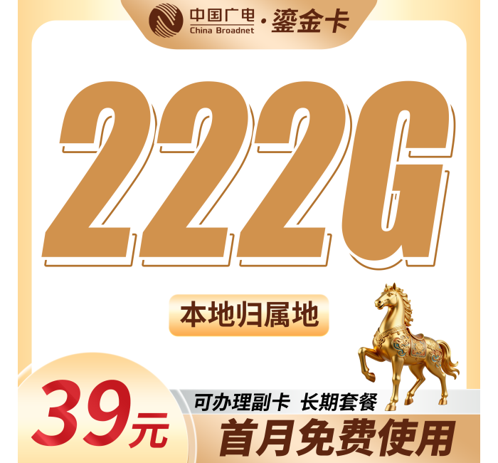 广电鎏金卡39元222G通用流量+本地归属地+可发全国！