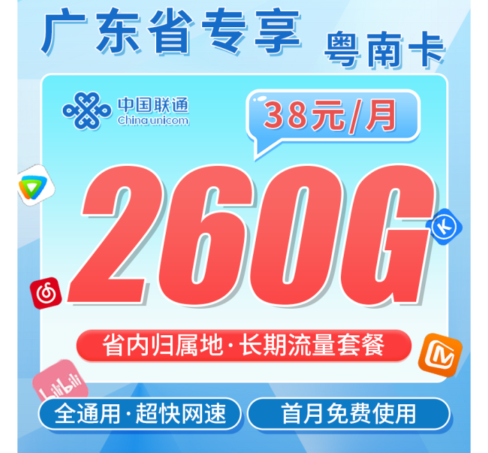 联通粤南卡38元260G+广东省专属！