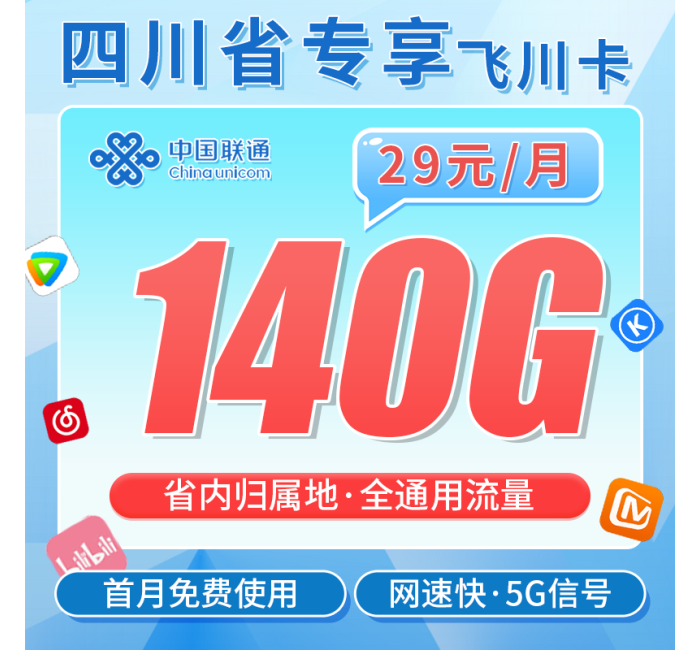 联通飞川卡29元140G+长期套餐+四川专属！