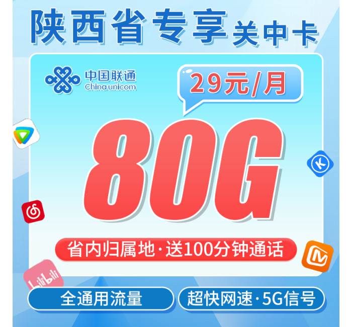 联通关中卡29元80G+100分钟+陕西专属！