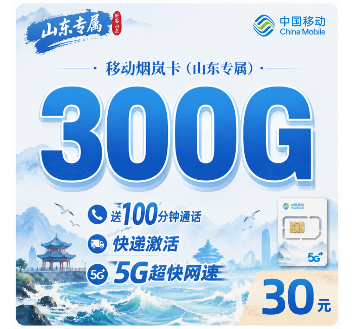 移动烟岚卡30元300G+100分钟+山东专属！