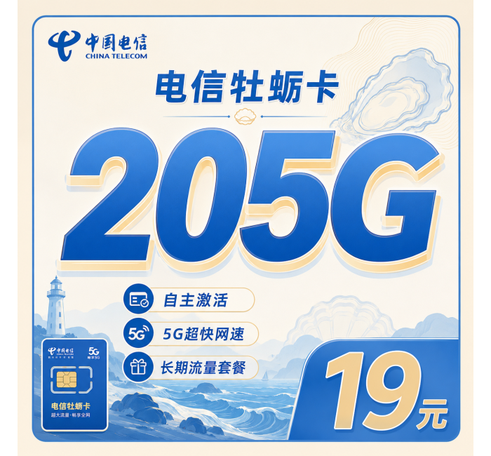 电信牡蛎卡19元205G全国流量+长期套餐+山东专属！
