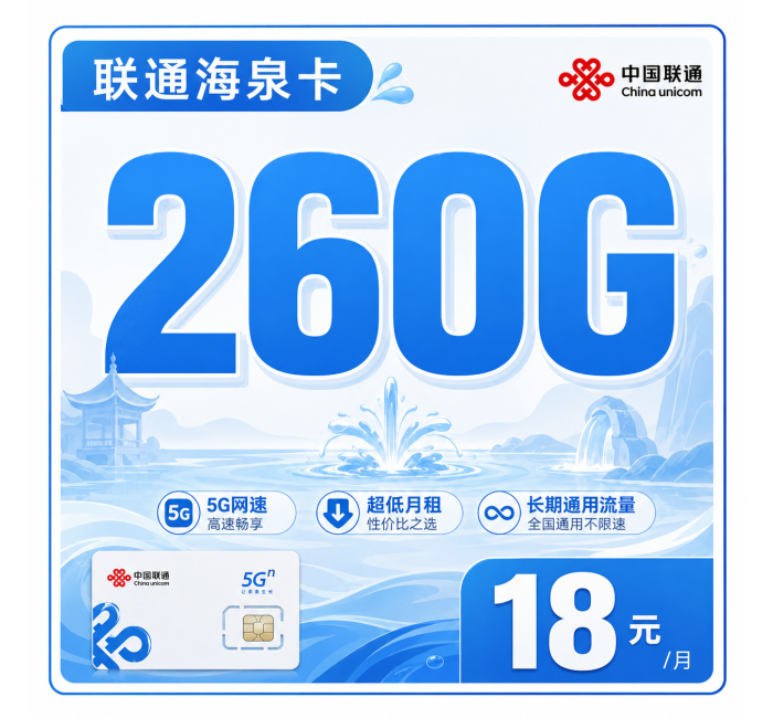 联通海泉卡18元260G+长期套餐+广东省专属！