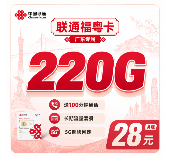 联通福粤卡28元220G+100分钟++广东省专属！