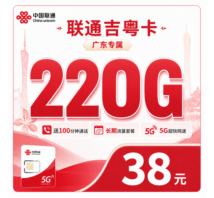 联通吉粤卡38元220G+100分钟++广东省专属！