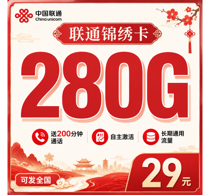 联通锦绣卡29元280G+200分钟+长期套餐+可发全国！